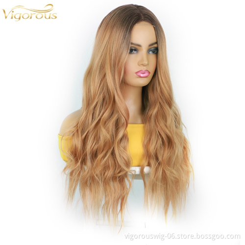 For Black Women Hot Selling Long Body Wave Vendor Ombre Light Blonde Dark Root Heat Resistant Fiber Synthetic Lace Hair Wigs